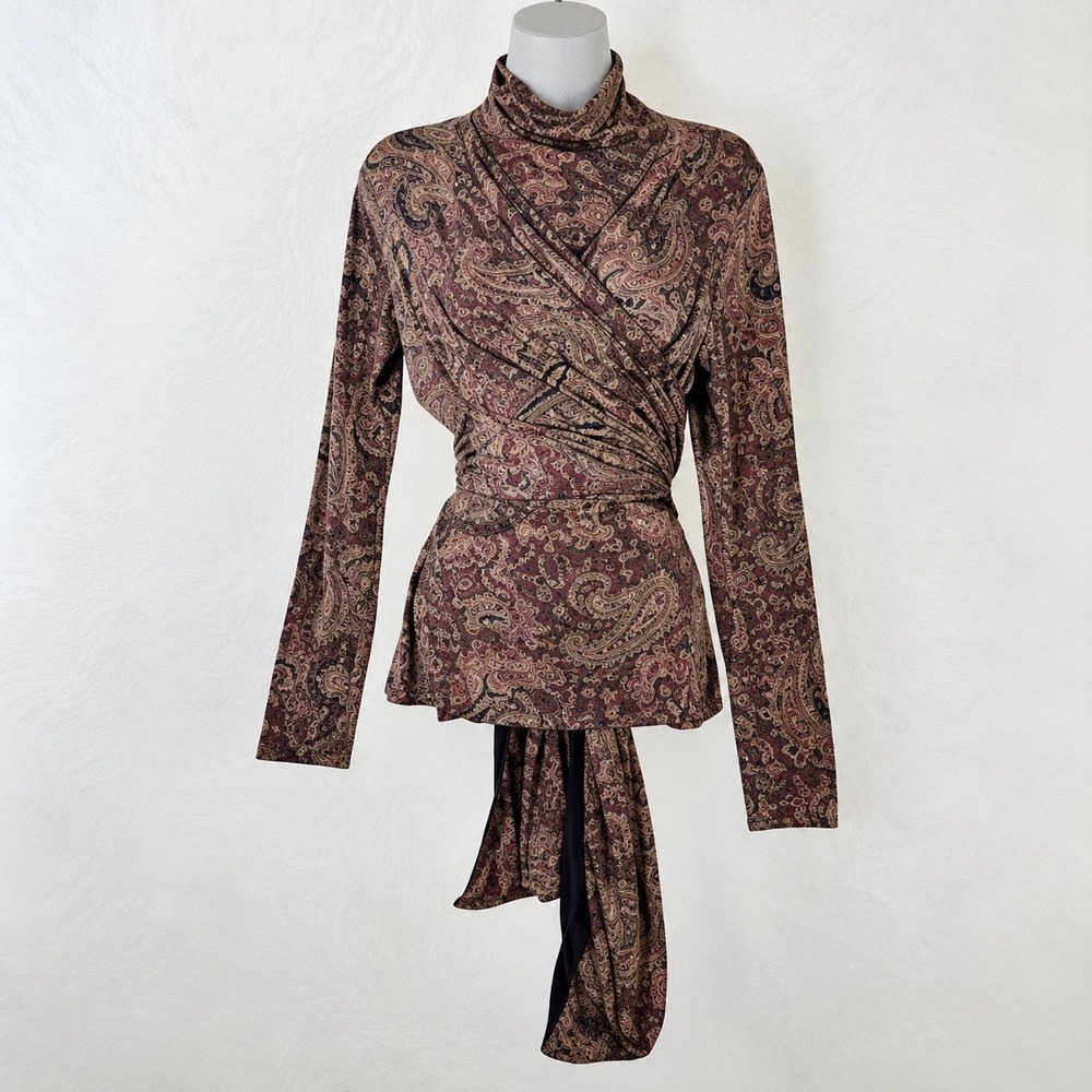 Etro Milano Paisley Turtleneck Wrap Top Purple Brown IT 42 US 6 Long Sleeve